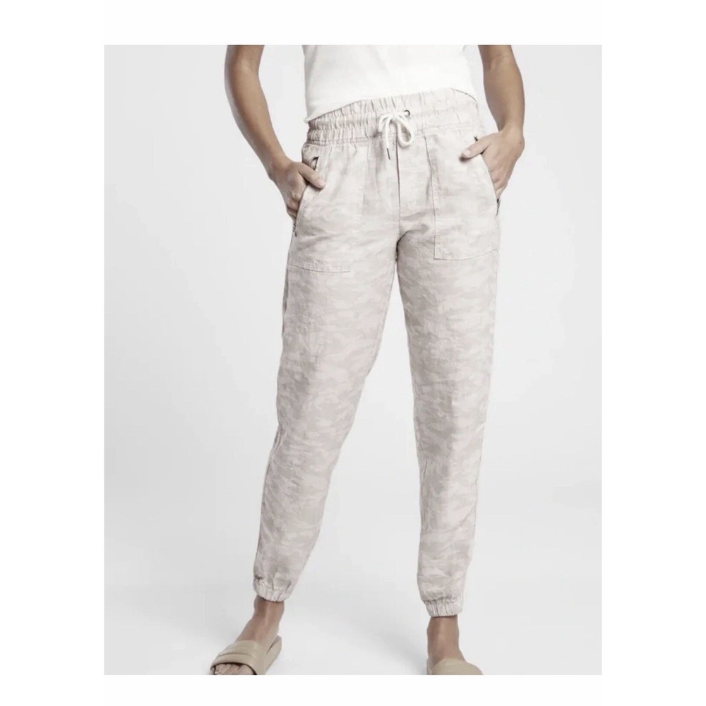 ATHLETA Cabo Tide Linen Jogger Sz 10 Travel Resort 100% Linen Pant Camo #KL7-1